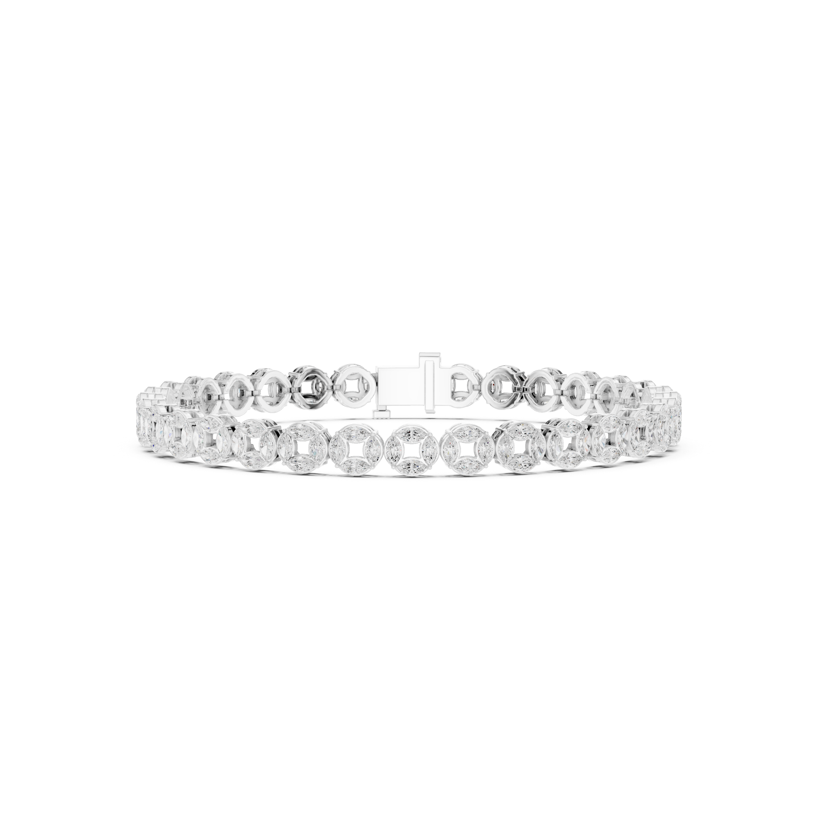 White gold marquise diamond tennis bracelet top view with oval stone bezels and clasp