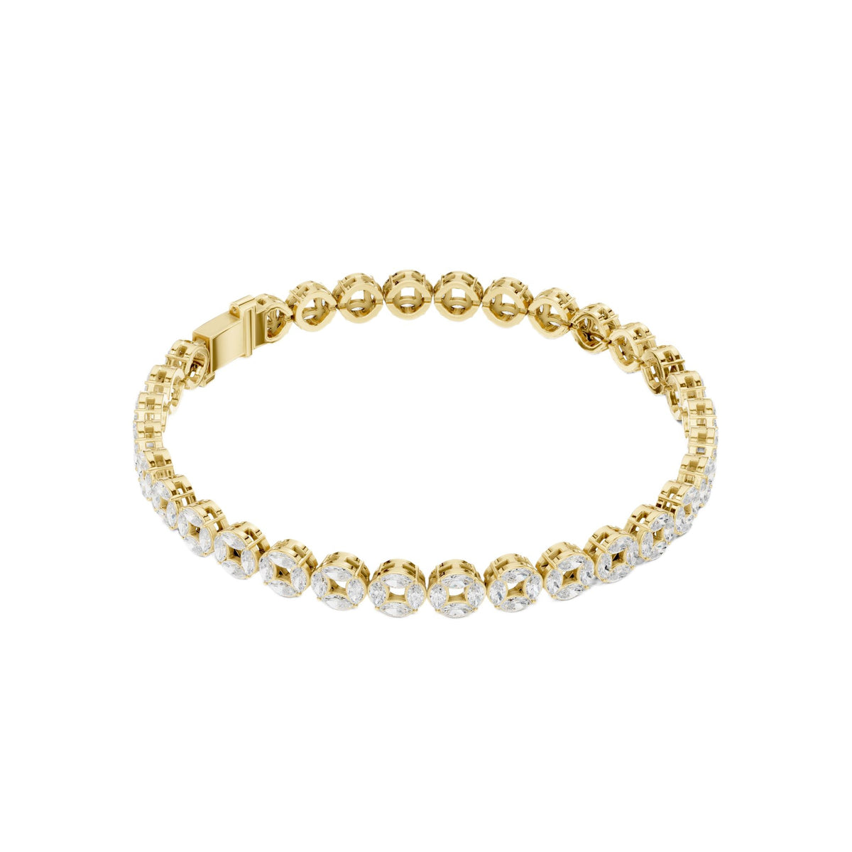 Yellow gold marquise diamond tennis bracelet with oval-link bezel settings