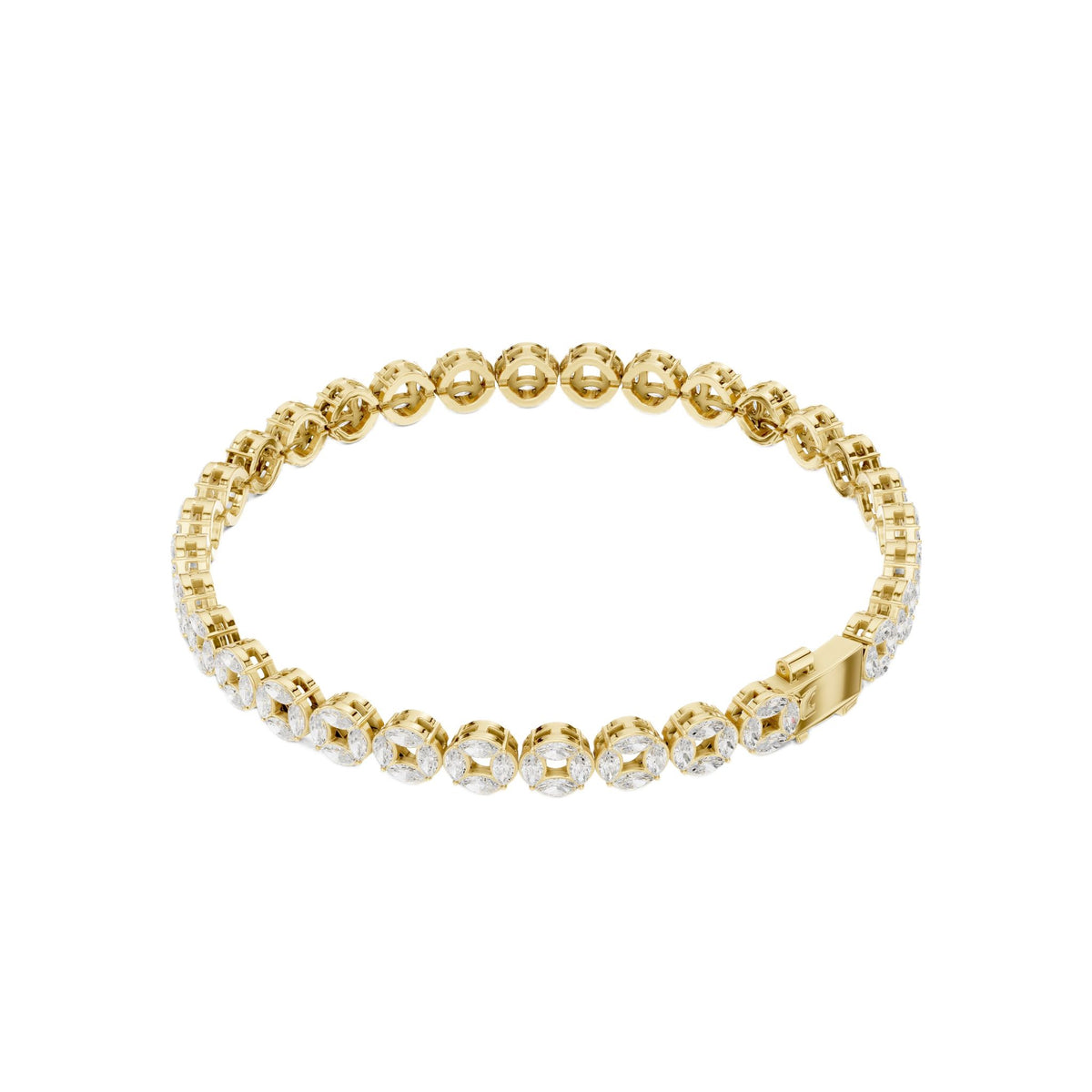 Yellow gold marquise diamond tennis bracelet, side view with linked bezels