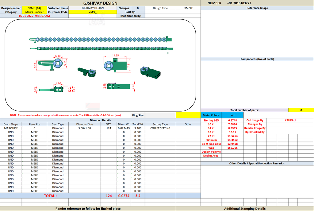 Marquise diamond tennis bracelet CAD layout with stone rows and clasp detail
