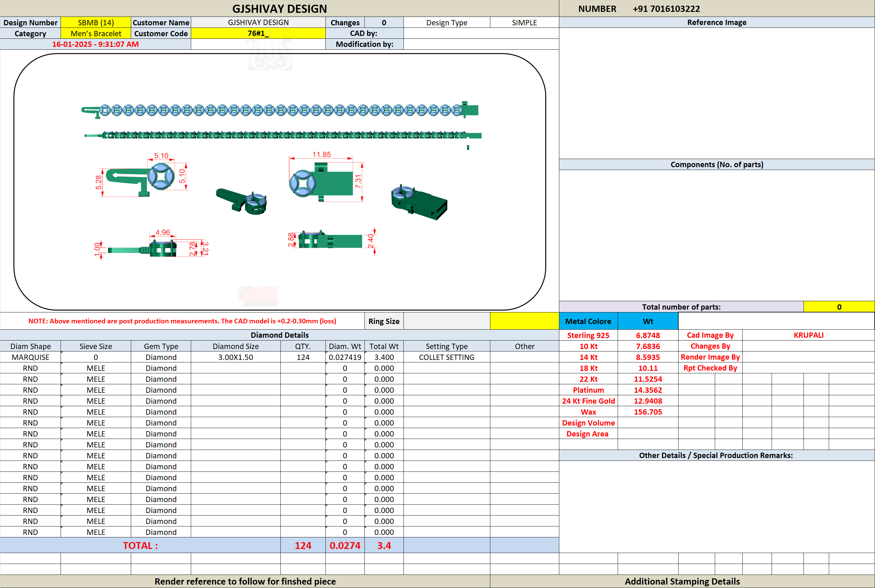 Marquise diamond tennis bracelet CAD layout with stone rows and clasp detail