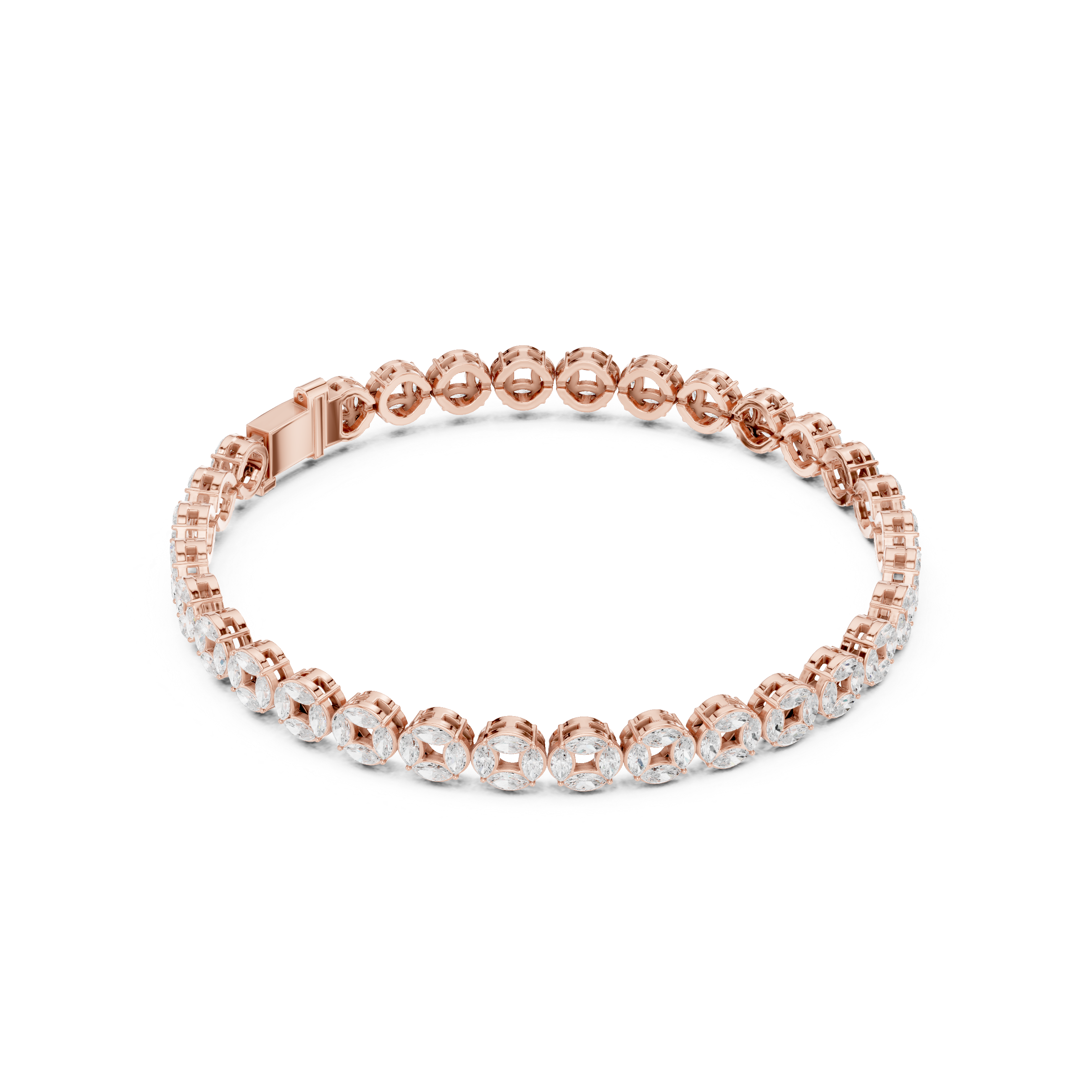 Rose gold marquise diamond tennis bracelet with continuous oval stone row