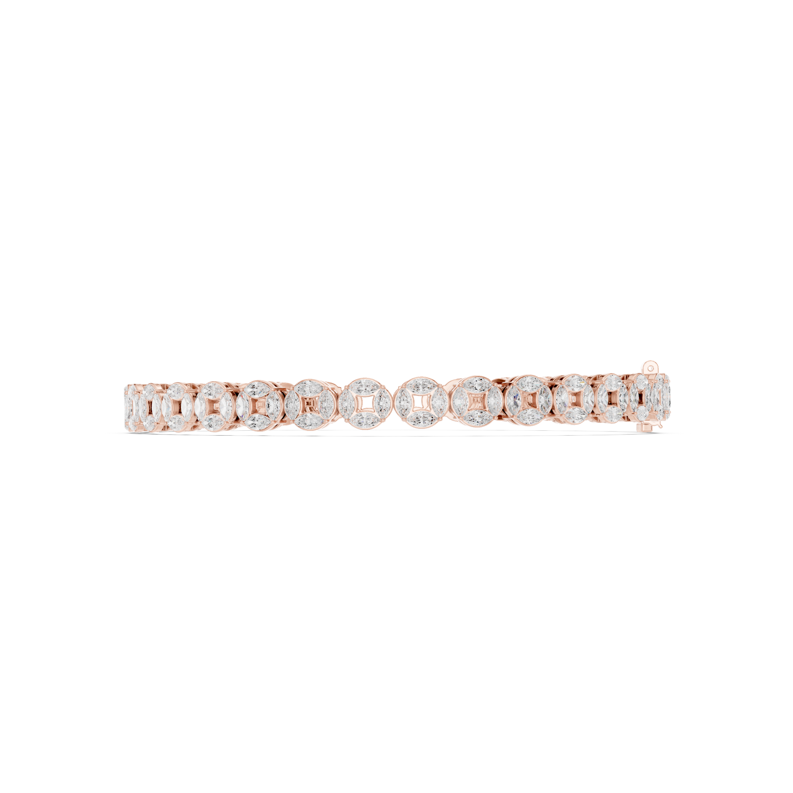 Rose gold marquise diamond tennis bracelet side view with oval stone bezel rows