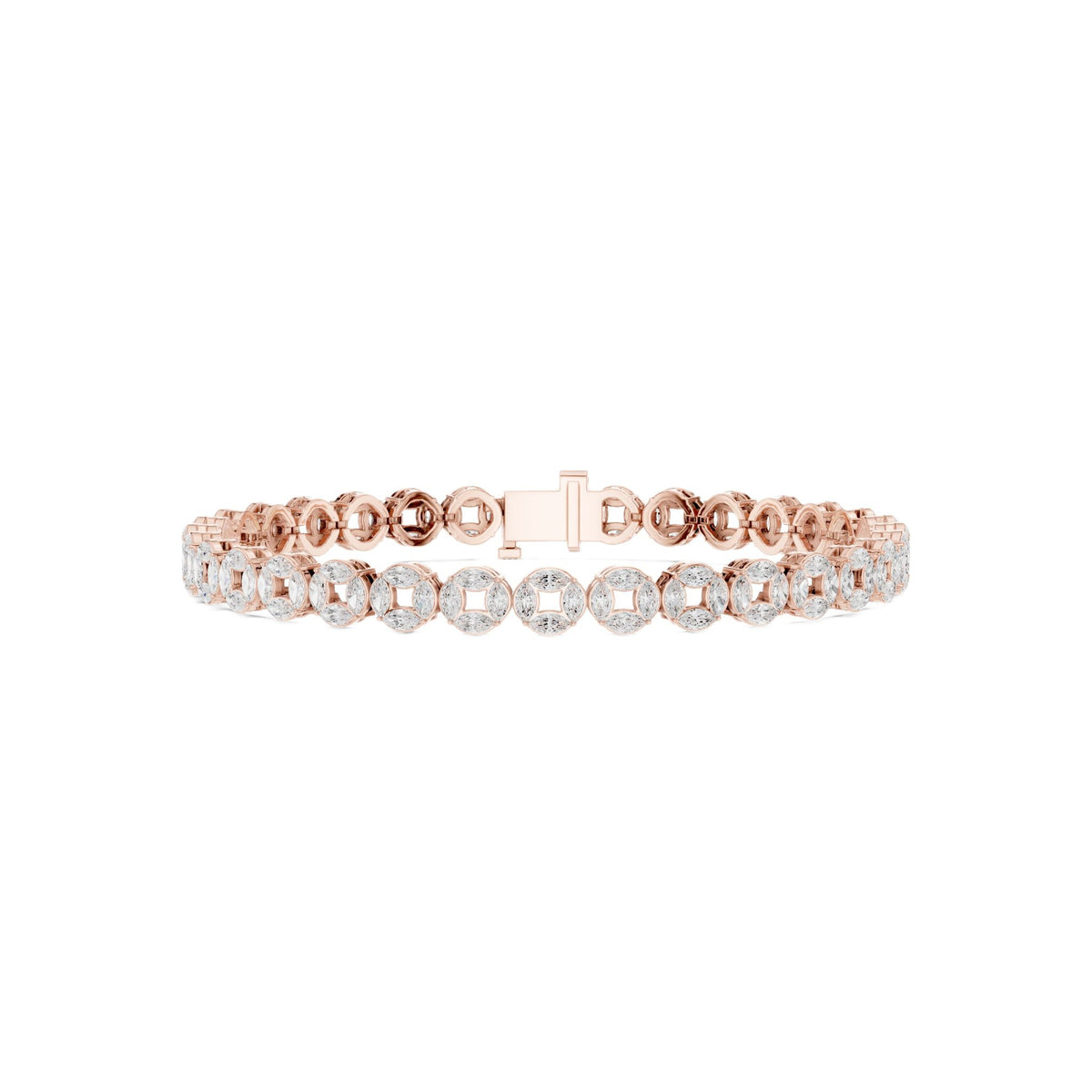 Rose gold marquise diamond tennis bracelet with openwork clasp detail