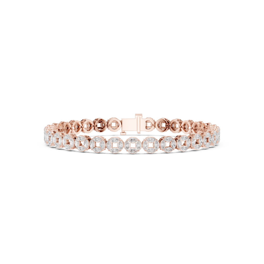 Rose gold marquise diamond tennis bracelet top view with oval stone bezels and clasp