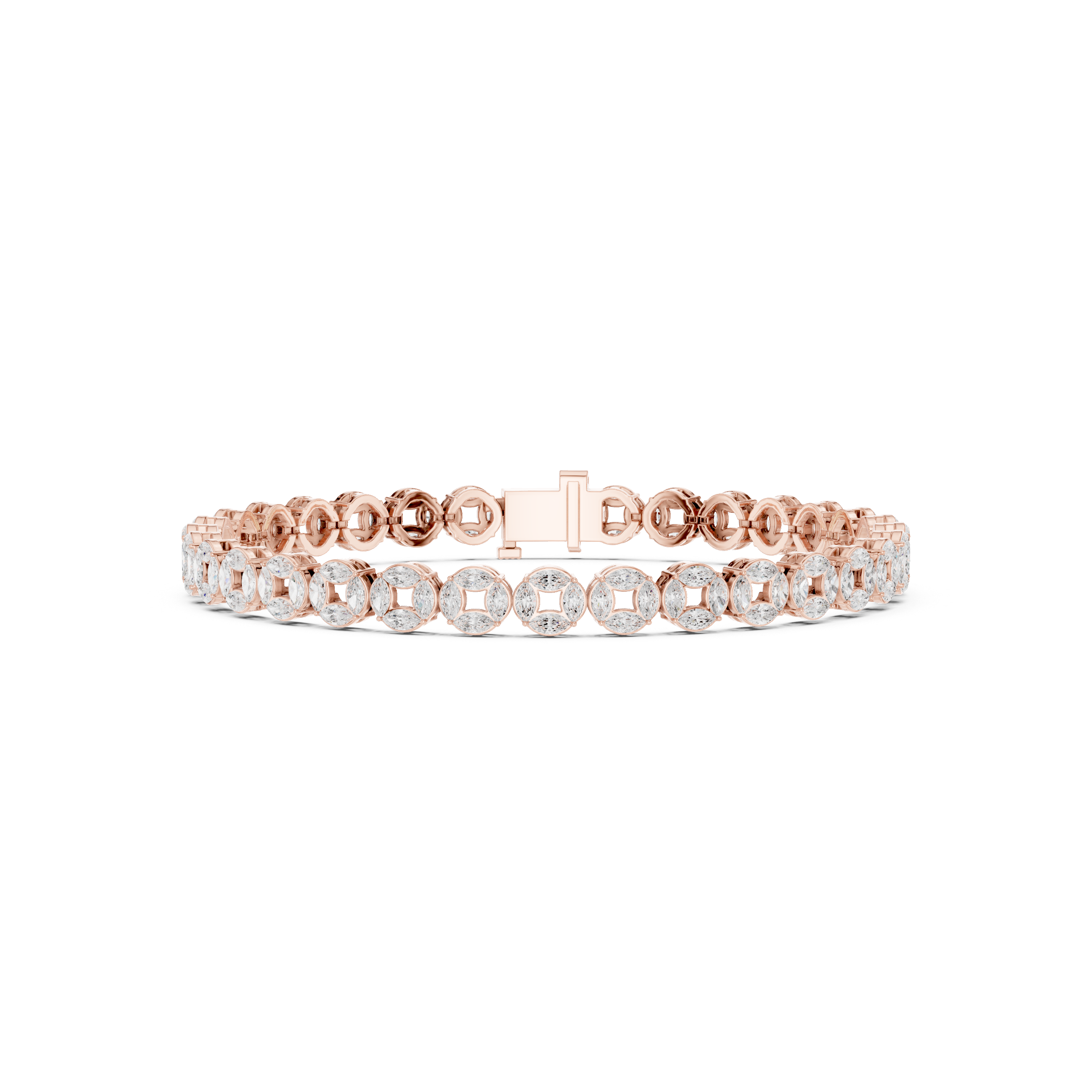 Rose gold marquise diamond tennis bracelet top view with oval stone bezels and clasp