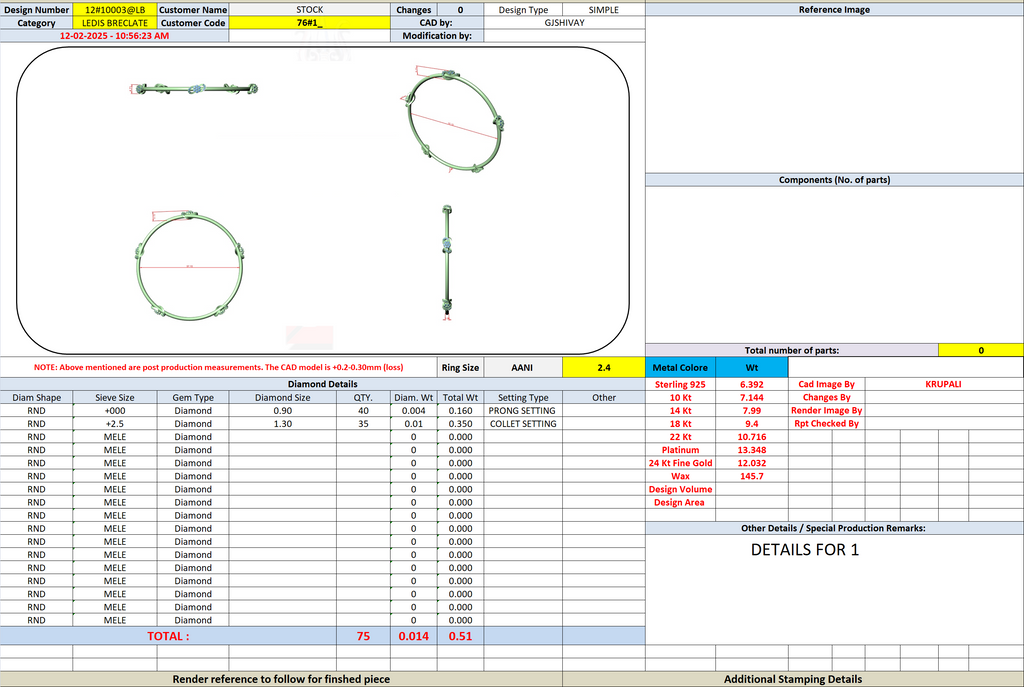 Diamond bangle technical view with round stones, open cuff style