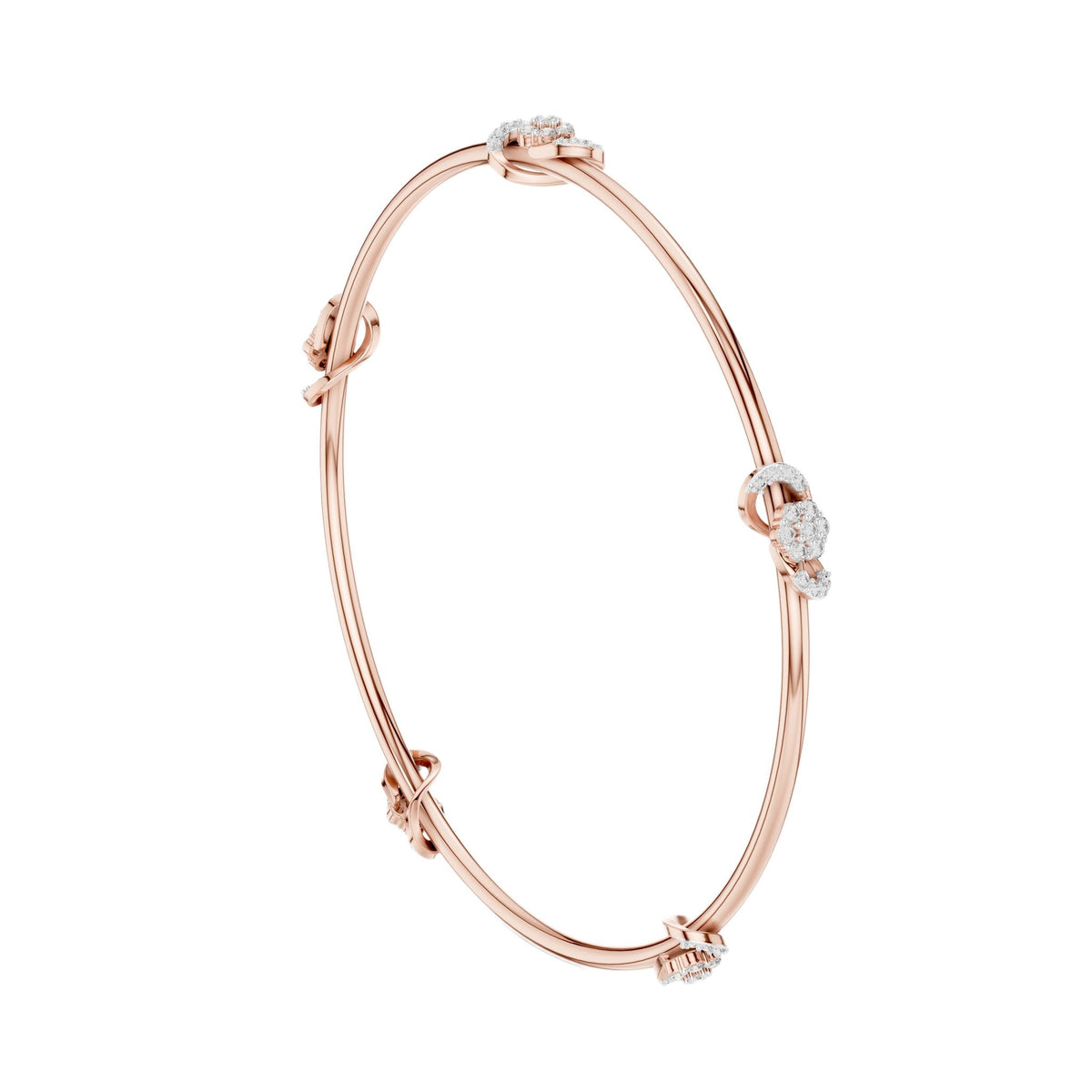 Rose gold diamond bangle with prong-set round stones, hinged cuff
