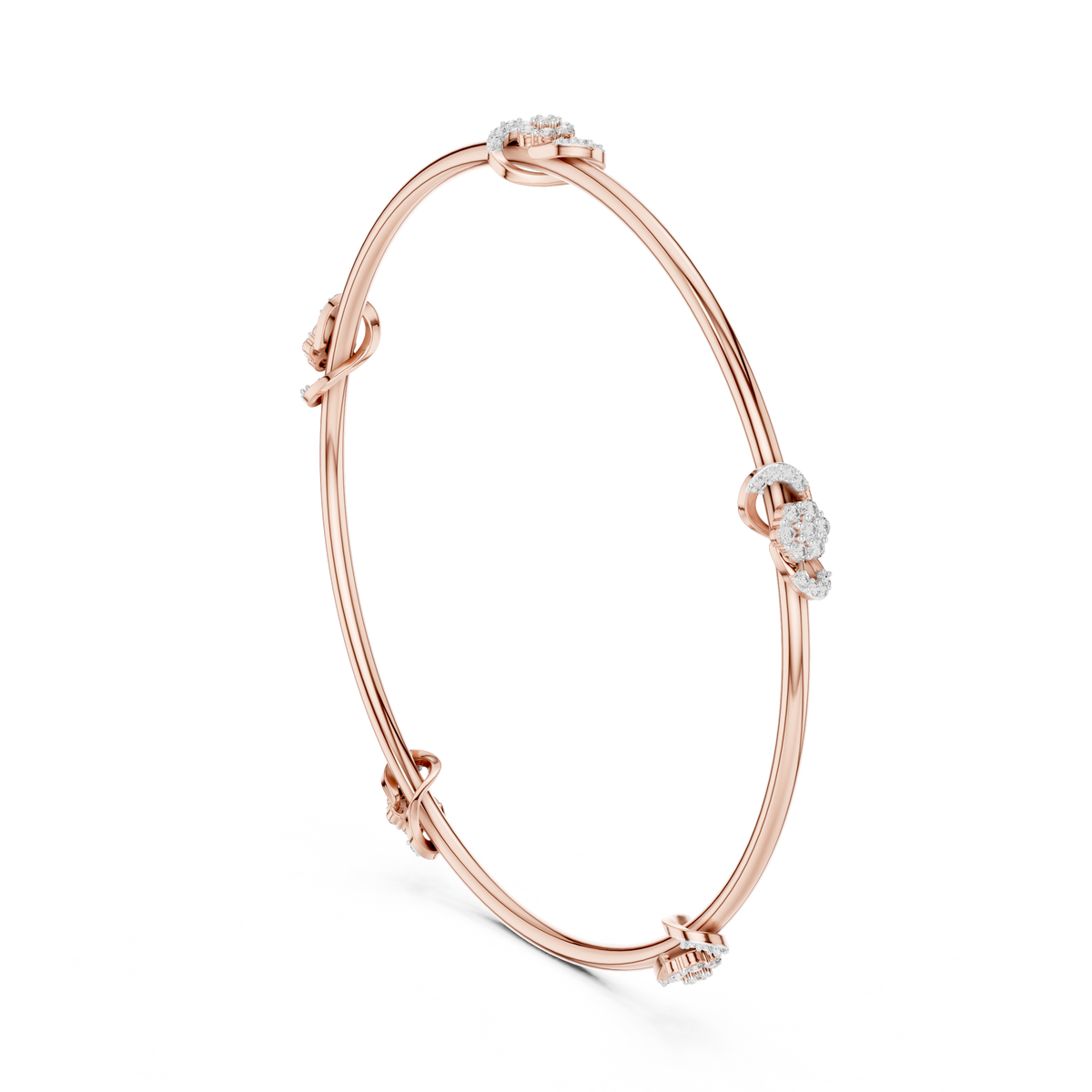 Rose gold diamond bangle with prong-set round stones, hinged cuff