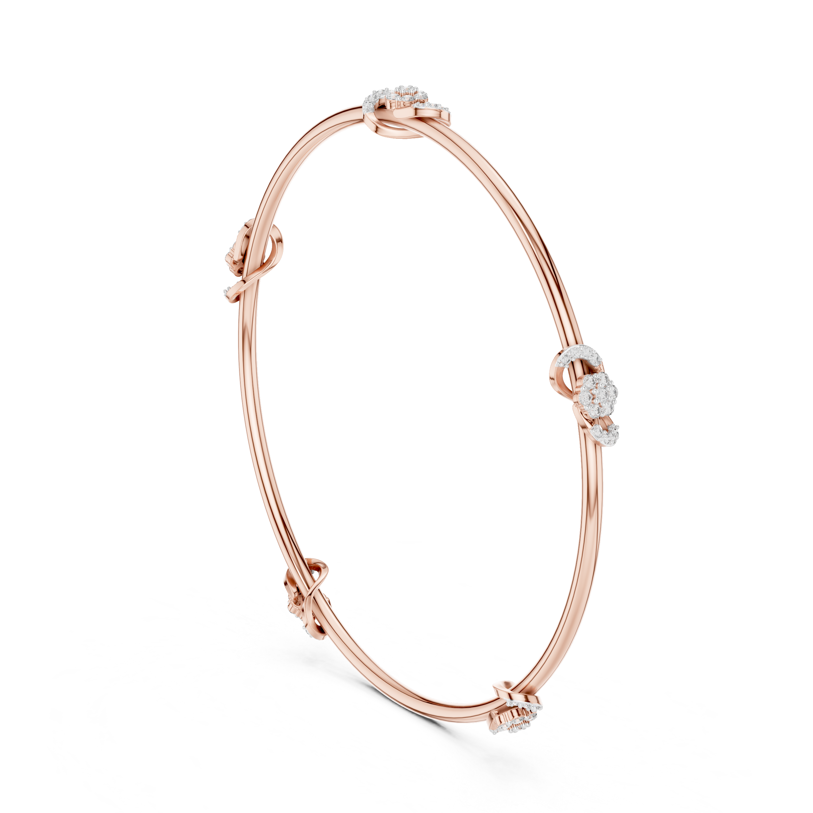 Rose gold diamond bangle with prong-set round stones, hinged cuff