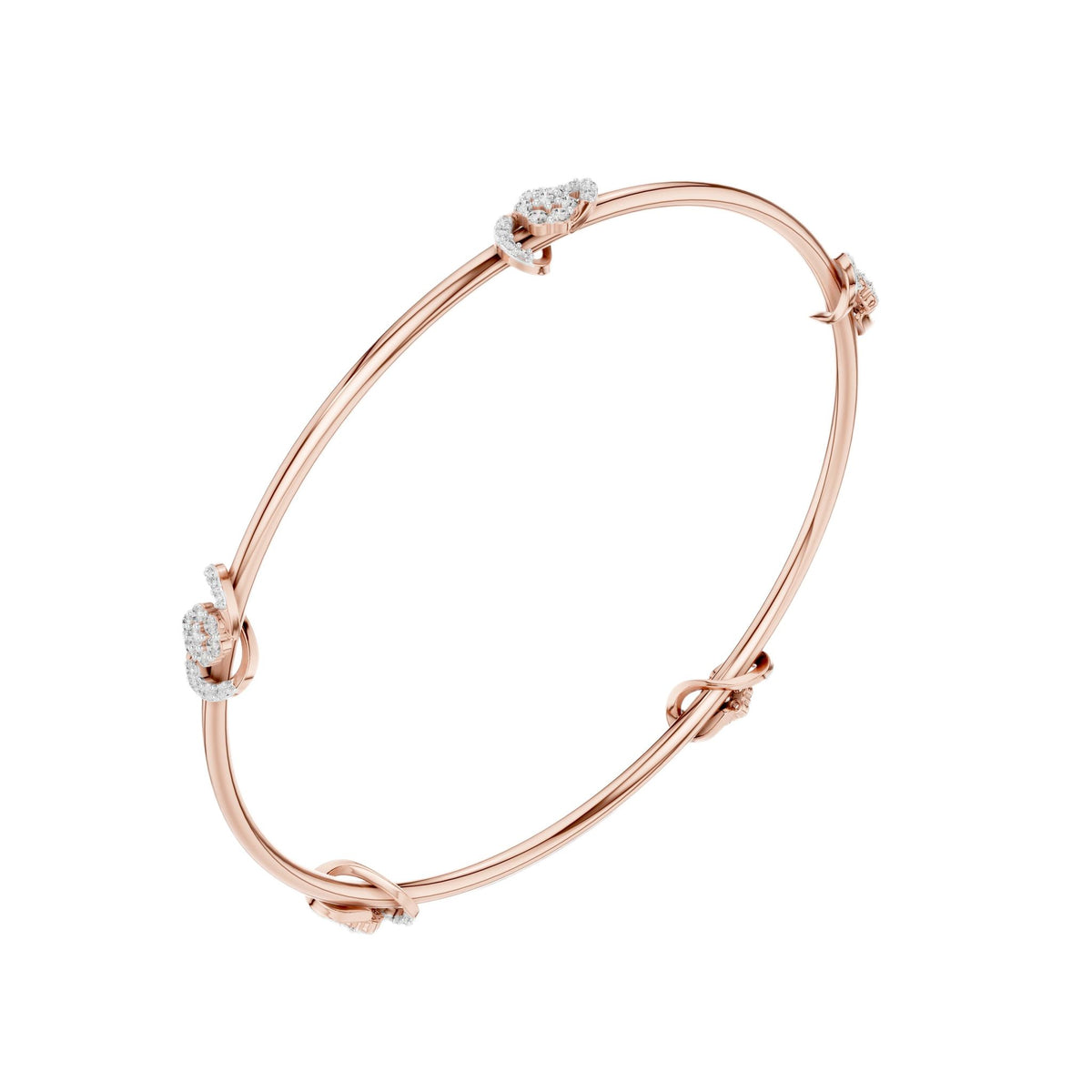 Rose gold diamond bangle with prong-set round stones, angled side view