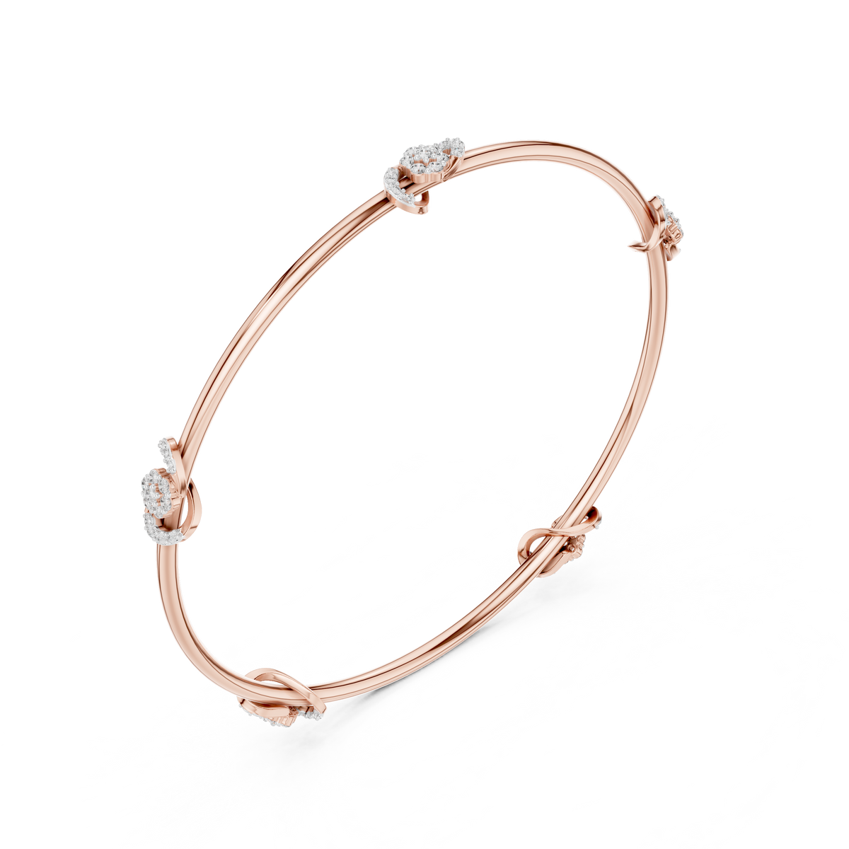 Rose gold diamond bangle with prong-set round stones, angled side view