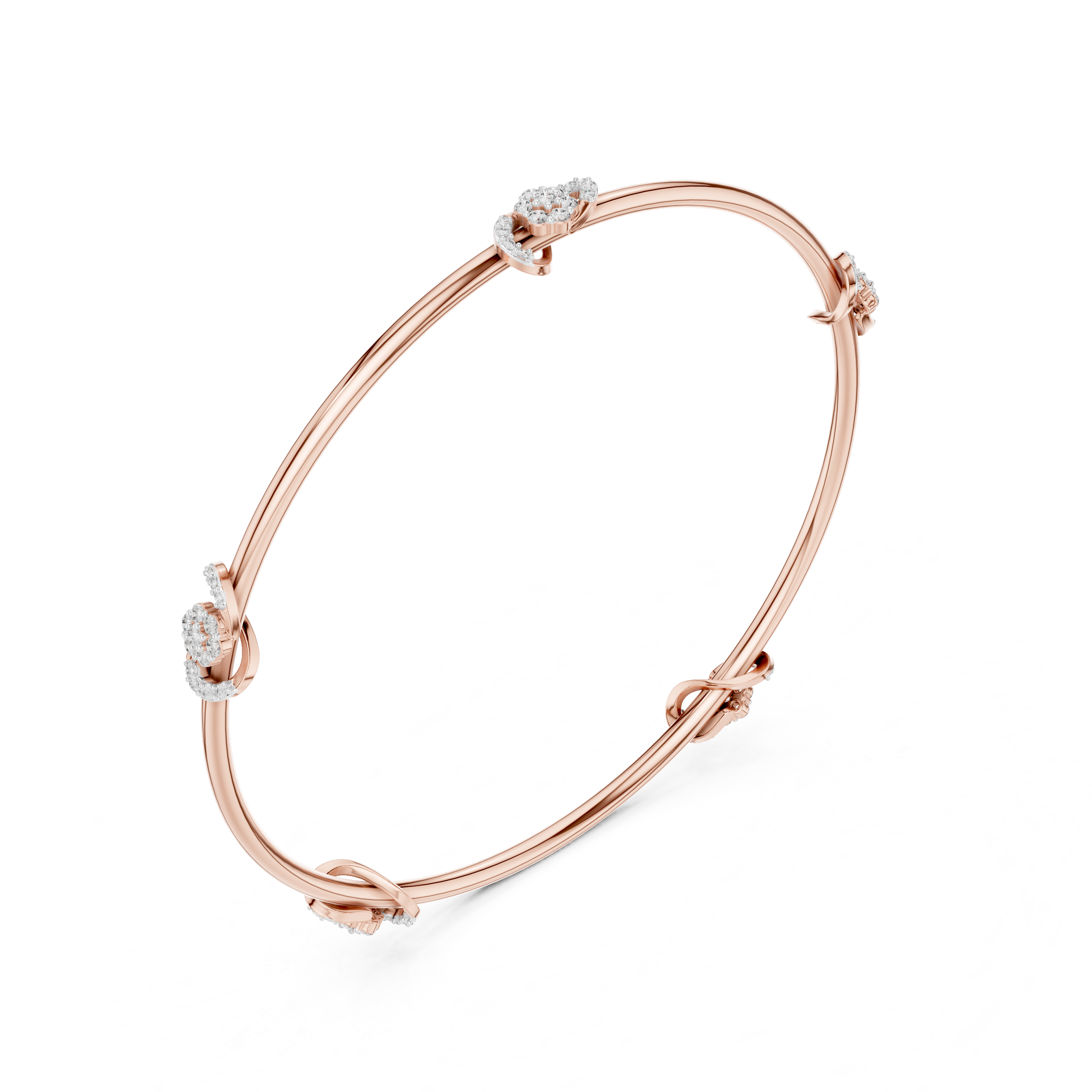 Rose gold diamond bangle with prong-set round stones, angled side view