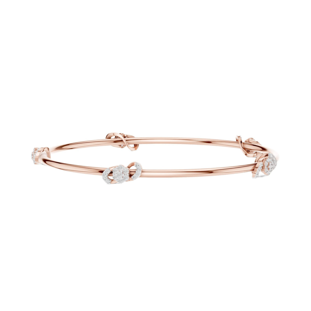 Rose gold diamond bangle with a round center stone and clasp detail