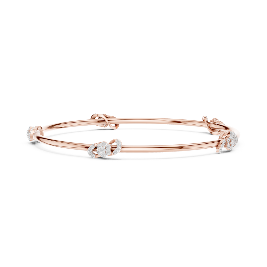 Rose gold diamond bangle with a round center stone and clasp detail