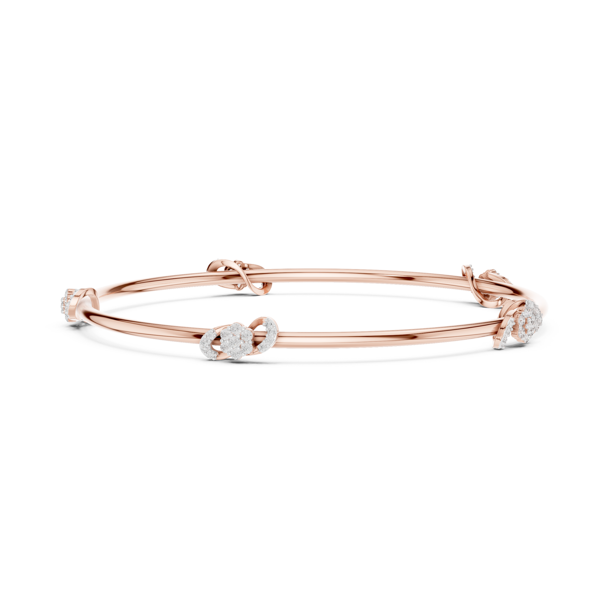 Rose gold diamond bangle with a round center stone and clasp detail