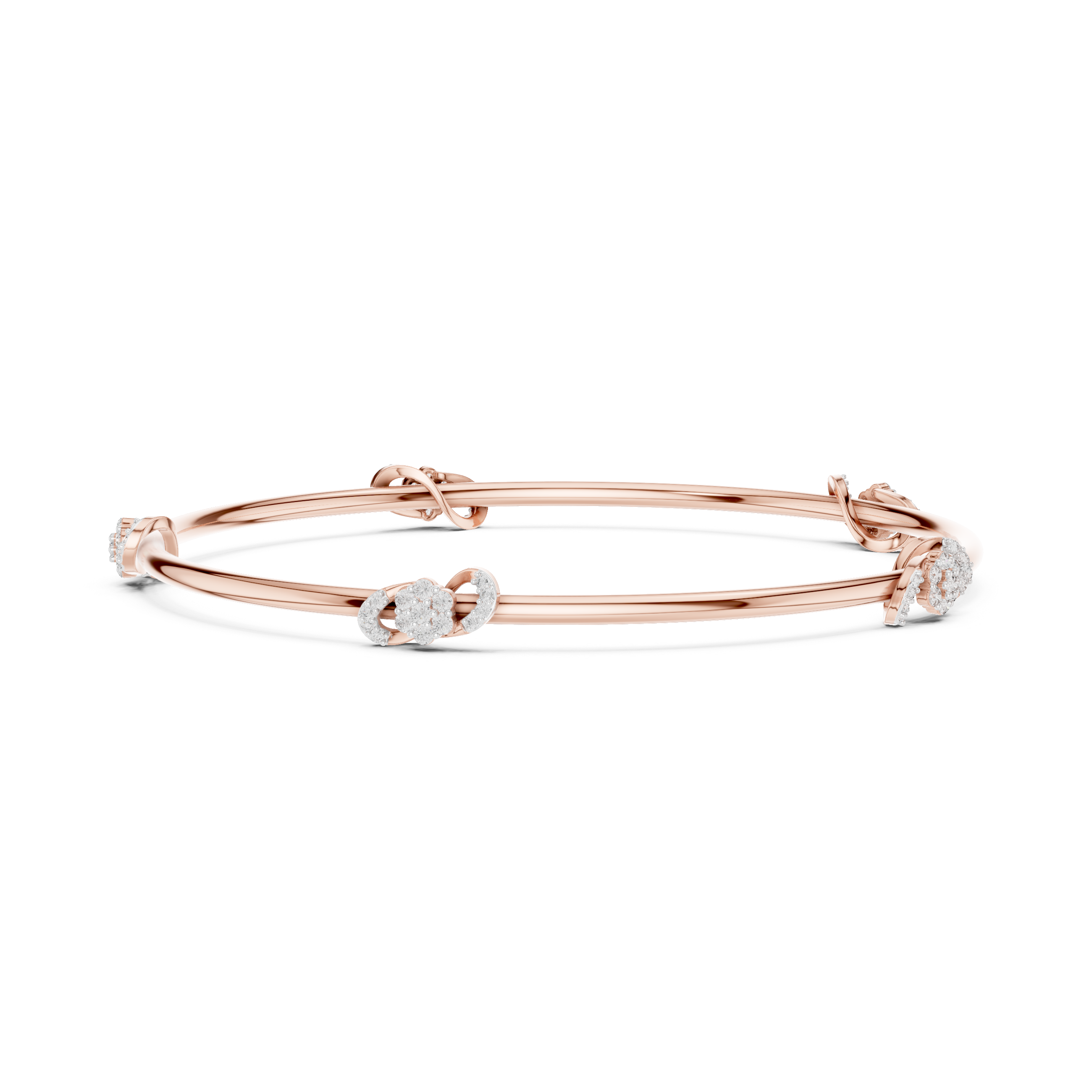 Rose gold diamond bangle with a round center stone and clasp detail