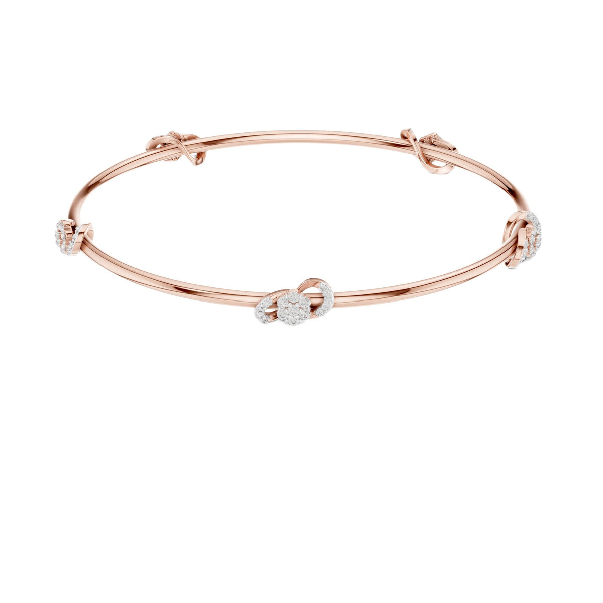Rose gold diamond bangle with three round stone accents, angled flat view
