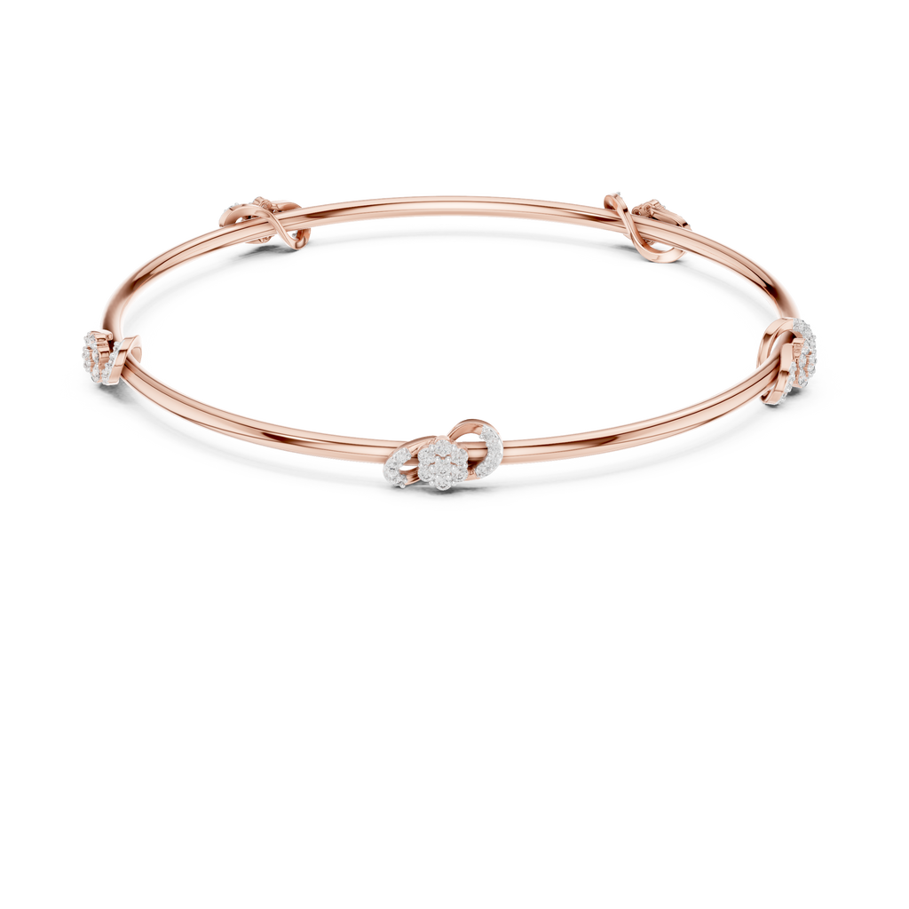 Rose gold diamond bangle with three round stone accents, angled flat view