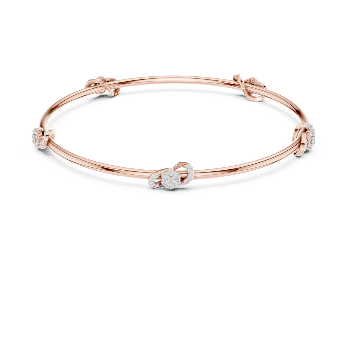 Rose gold diamond bangle with three round stone accents, angled flat view