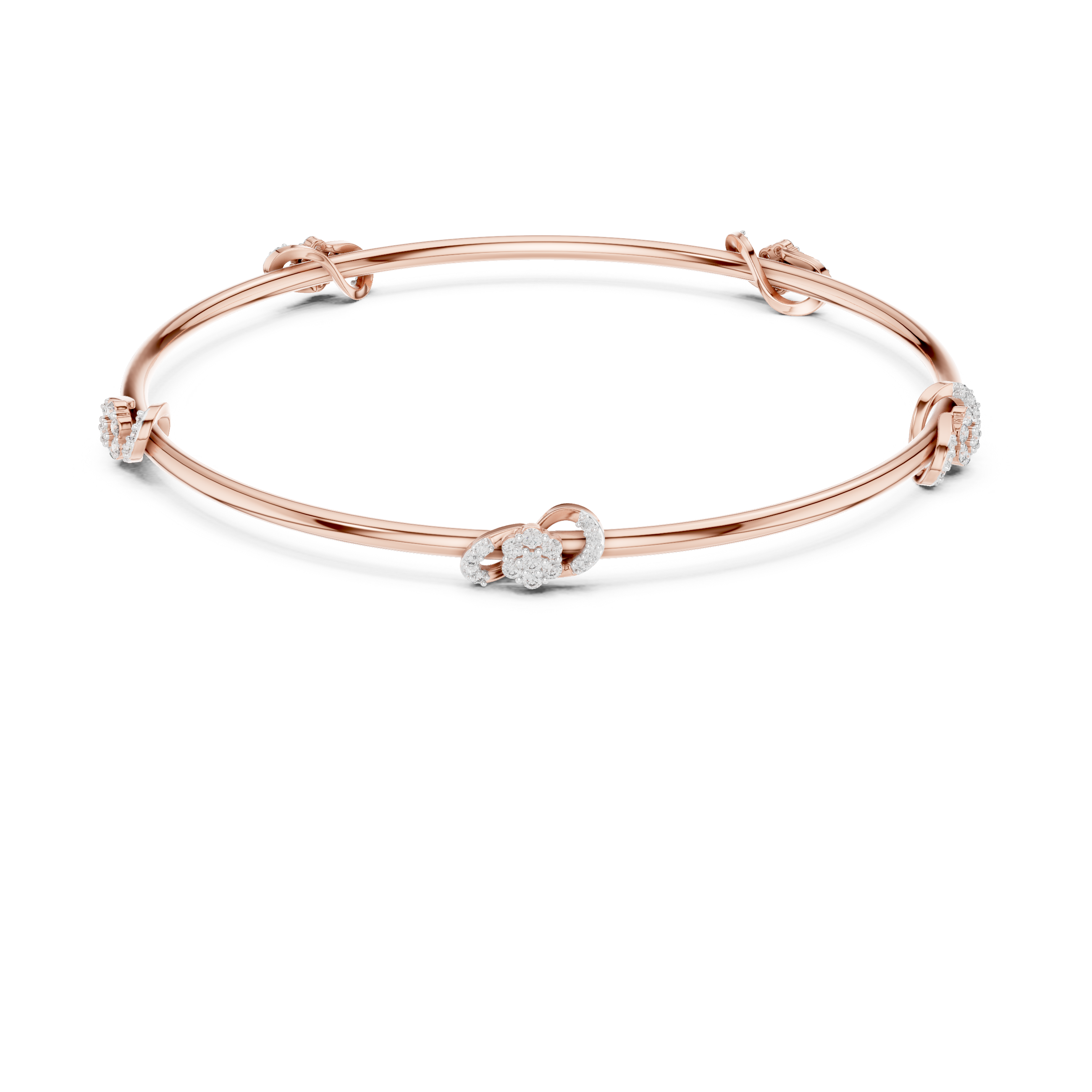 Rose gold diamond bangle with three round stone accents, angled flat view