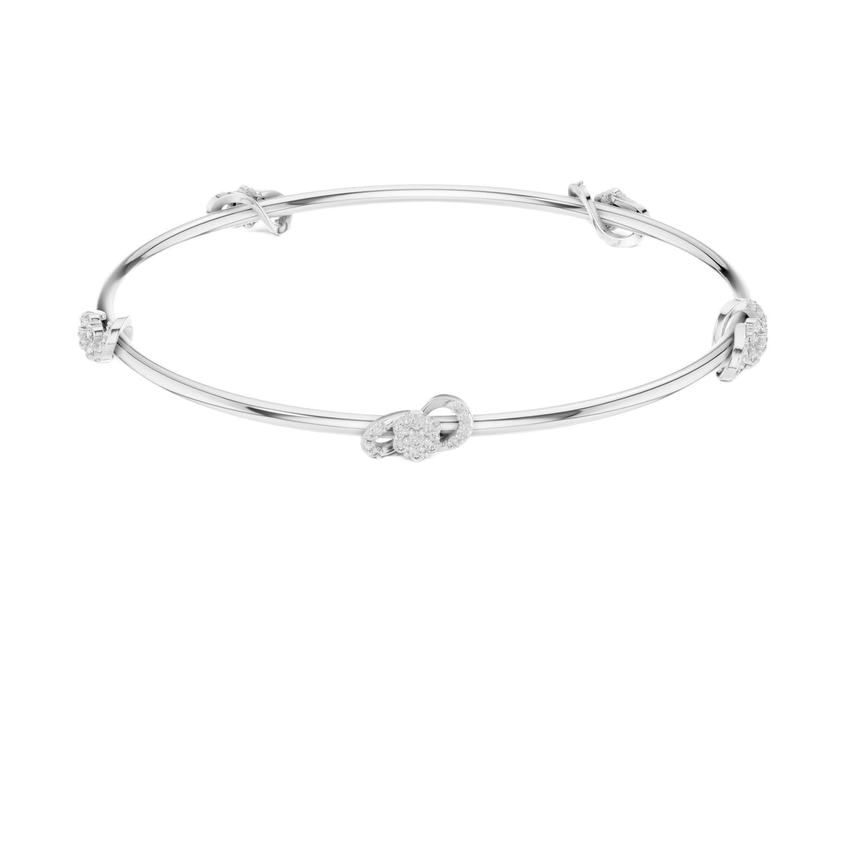 White gold diamond bangle with three round stone accents, front flat view