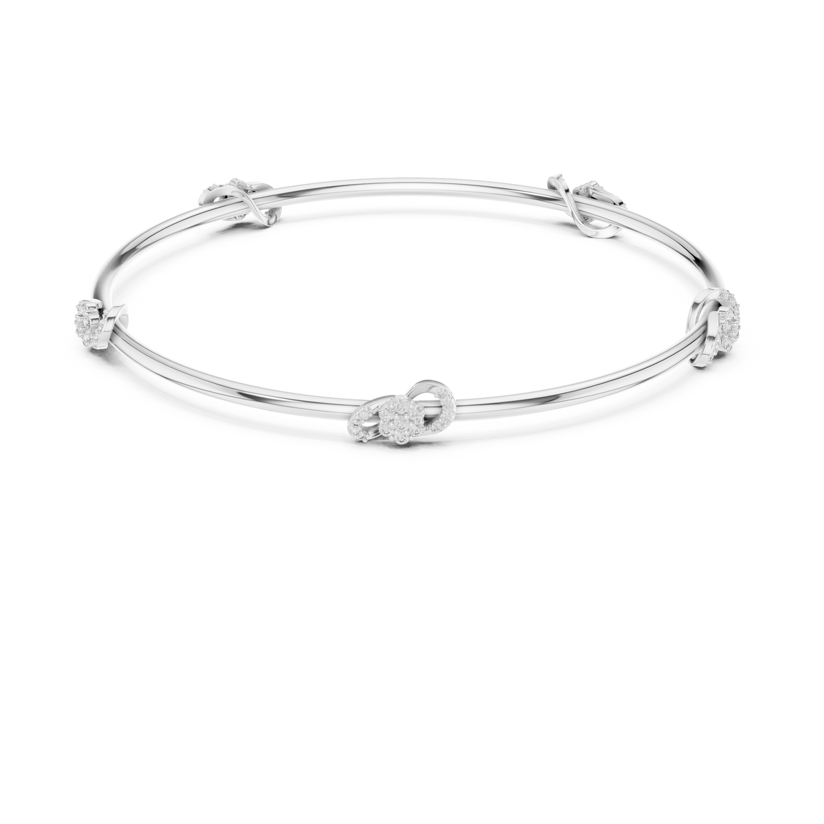 White gold diamond bangle with three round stone accents, front flat view