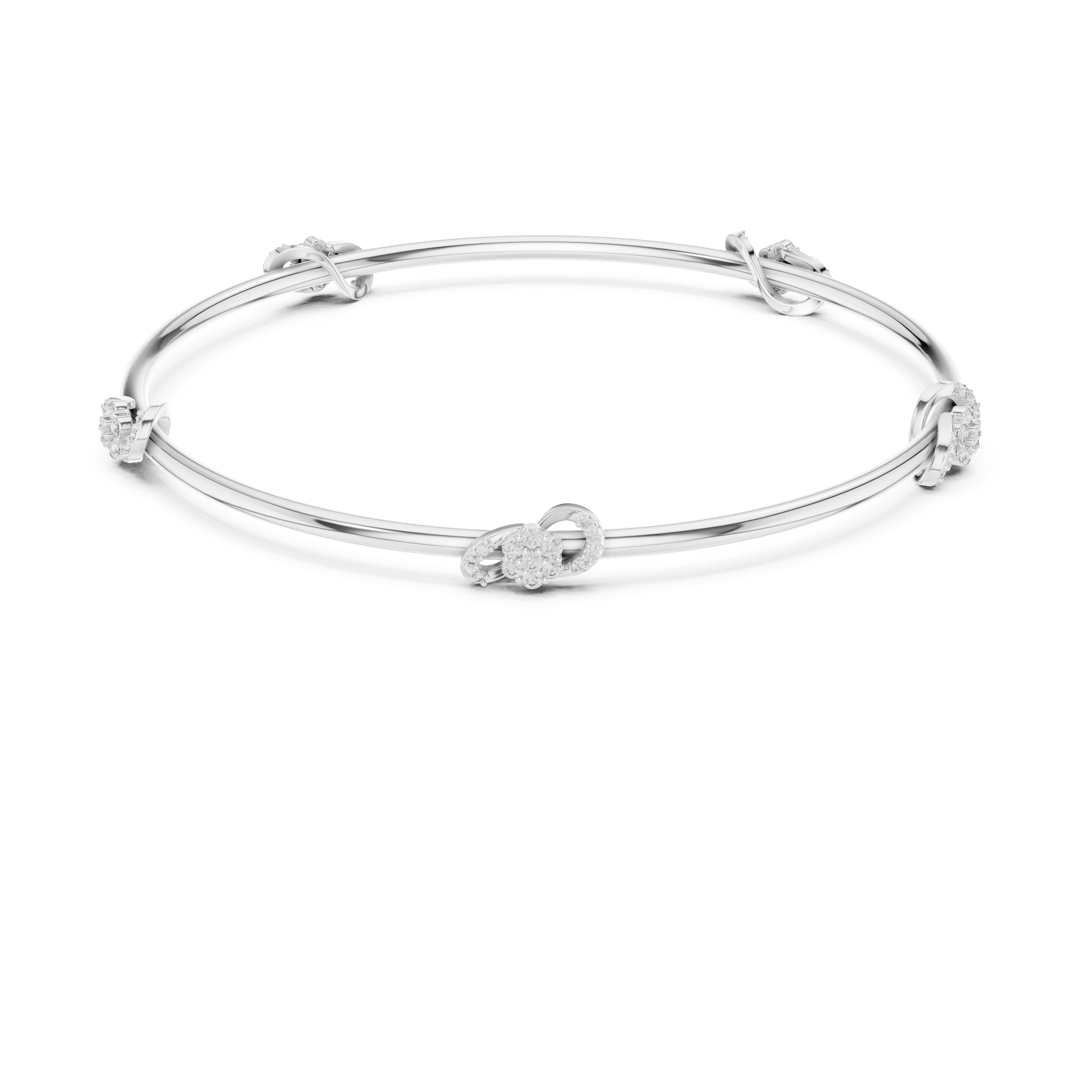 White gold diamond bangle with three round stone accents, front flat view