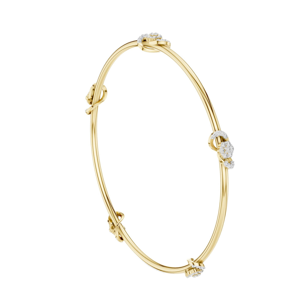 Yellow gold diamond bangle with round-cut stones, oval bracelet profile