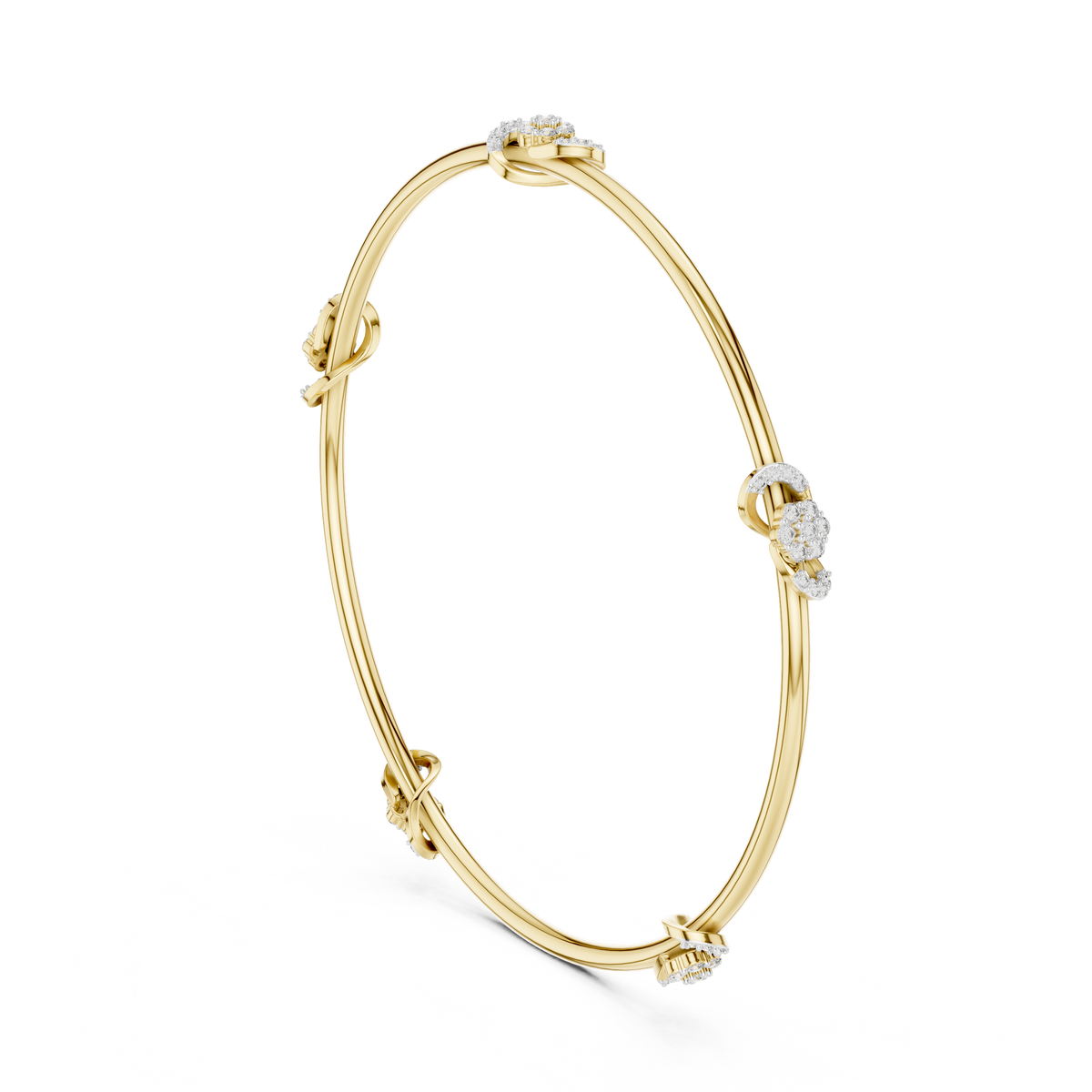 Yellow gold diamond bangle with round-cut stones, oval bracelet profile