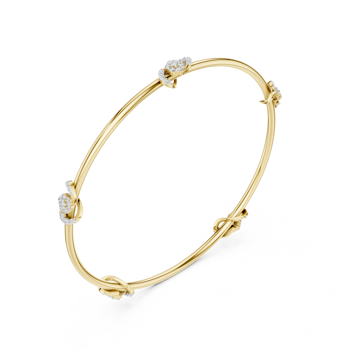 Yellow gold diamond bangle with round-cut stones, angled oval bracelet view