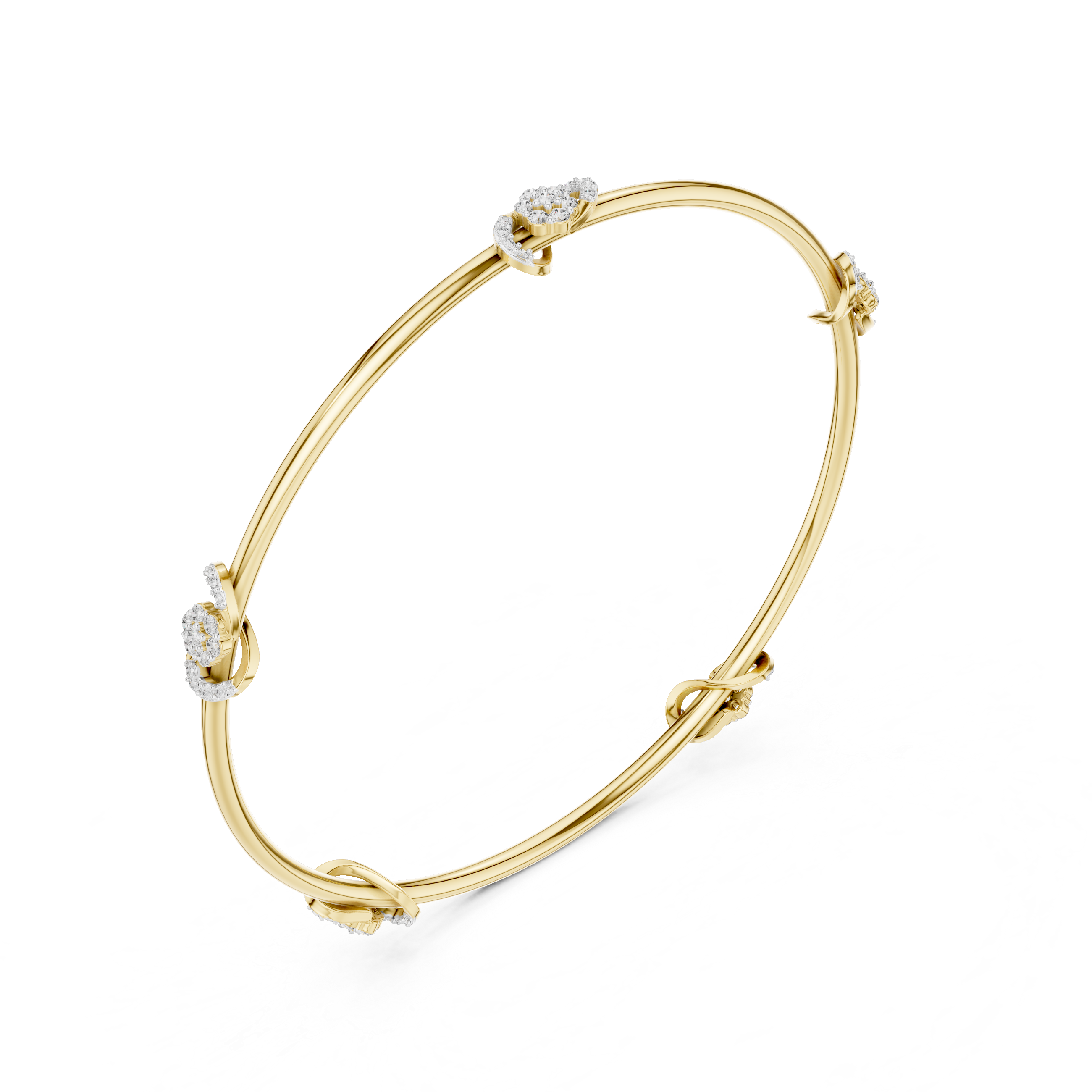 Yellow gold diamond bangle with round-cut stones, angled oval bracelet view