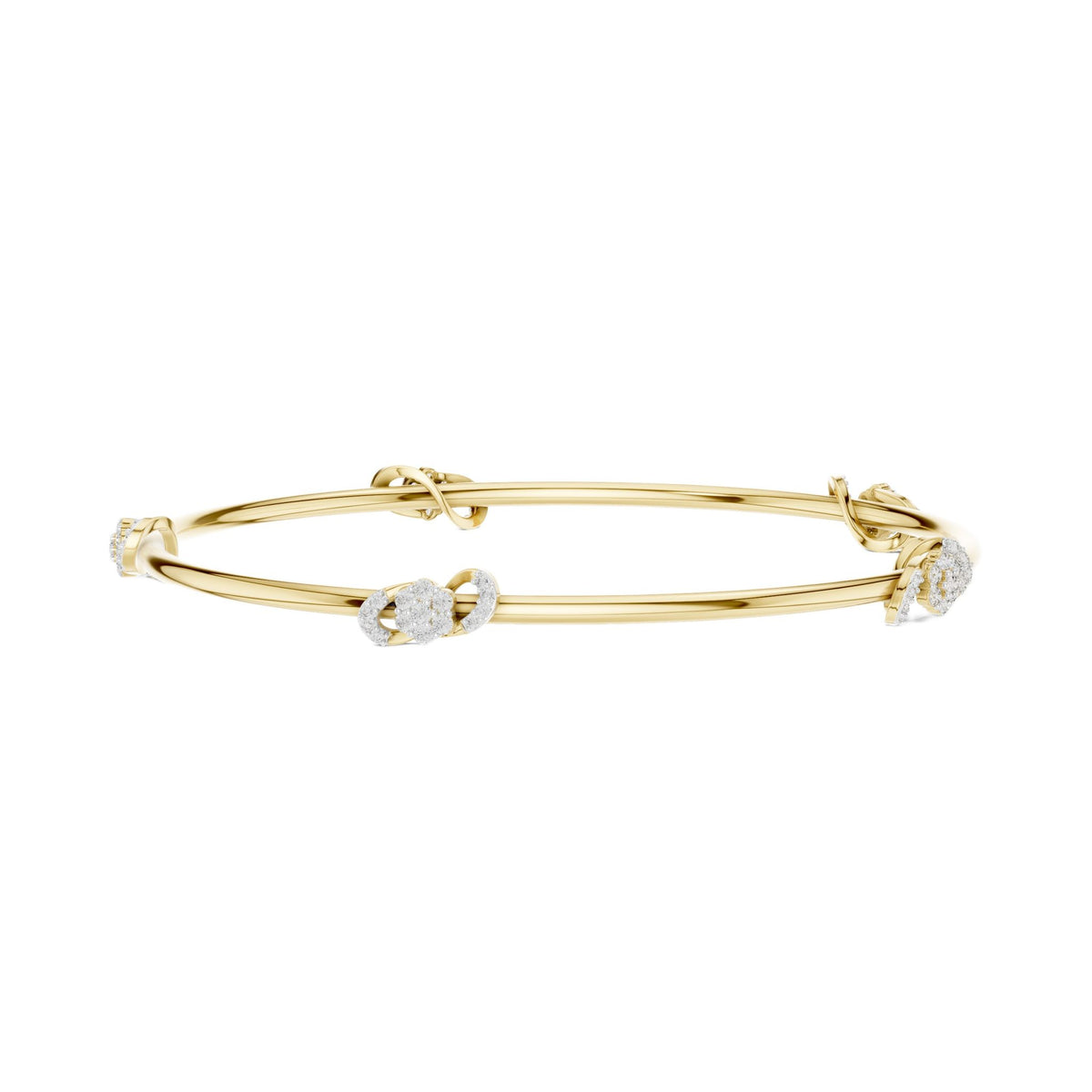 Yellow gold diamond bangle with round center stone and small side diamond accents