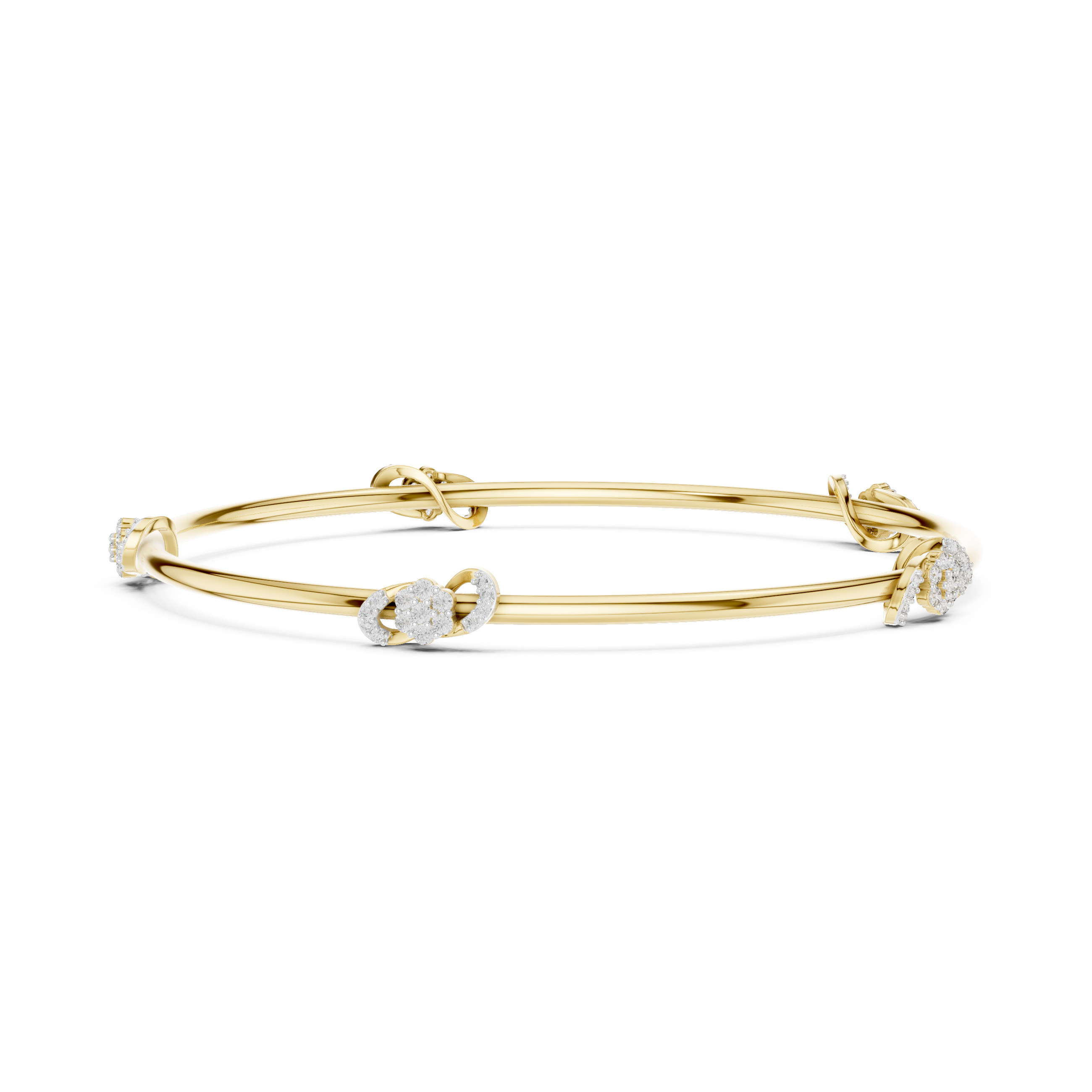 Yellow gold diamond bangle with round center stone and small side diamond accents