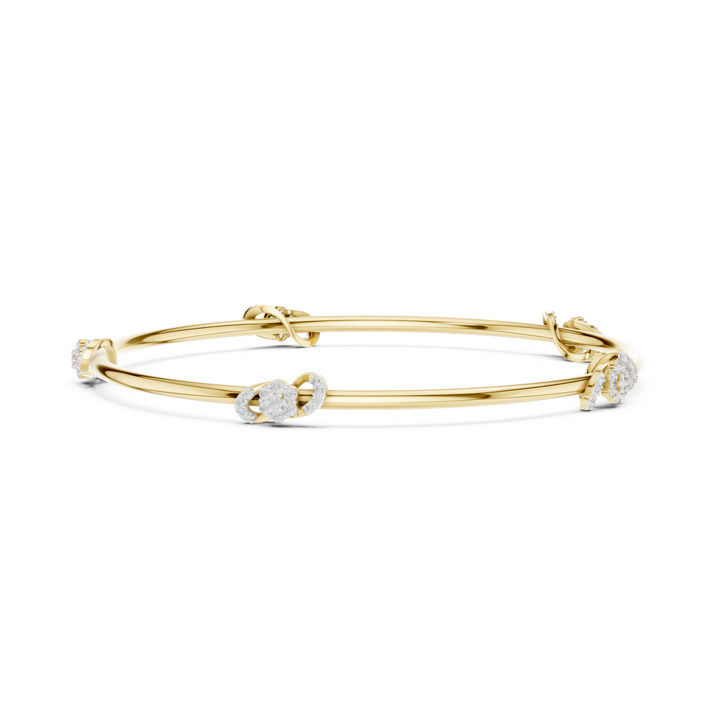 Yellow gold diamond bangle with round center stone and small side diamond accents