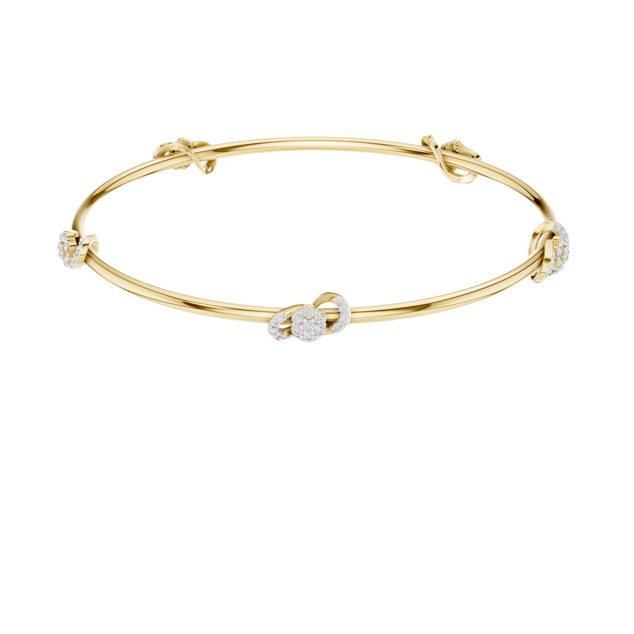 Yellow gold diamond bangle with round center stone and side diamond clusters