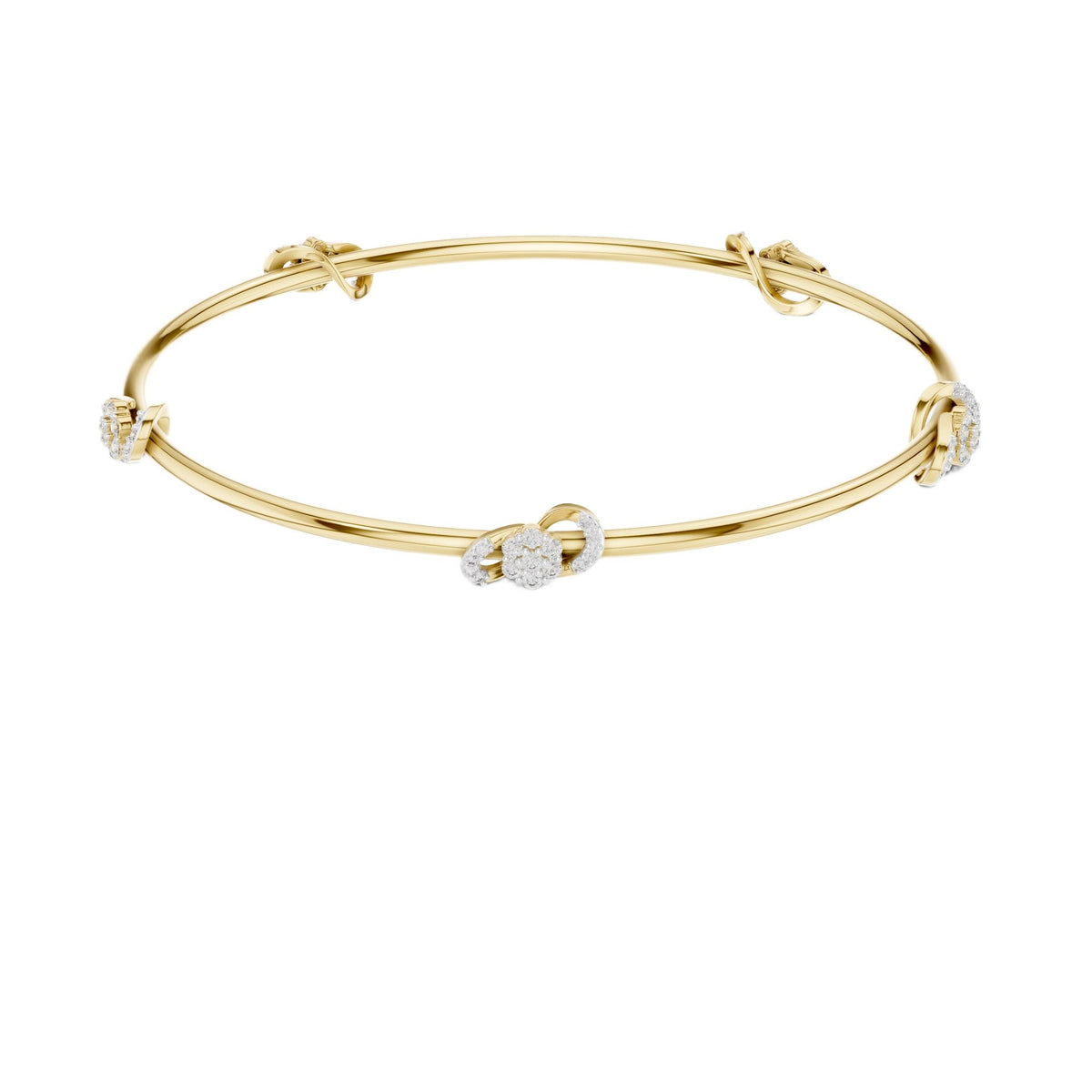 Yellow gold diamond bangle with round center stone and side diamond clusters