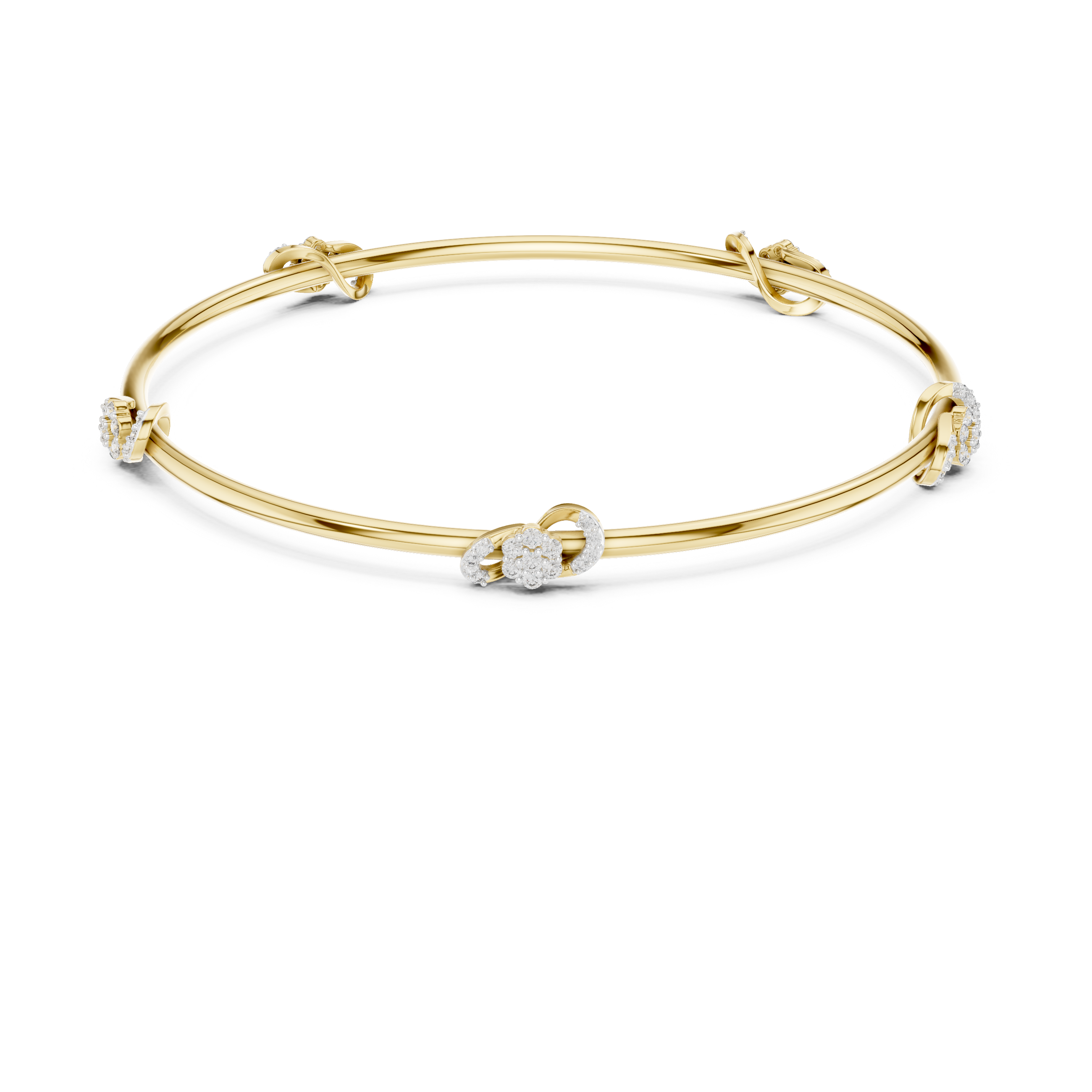 Yellow gold diamond bangle with round center stone and side diamond clusters