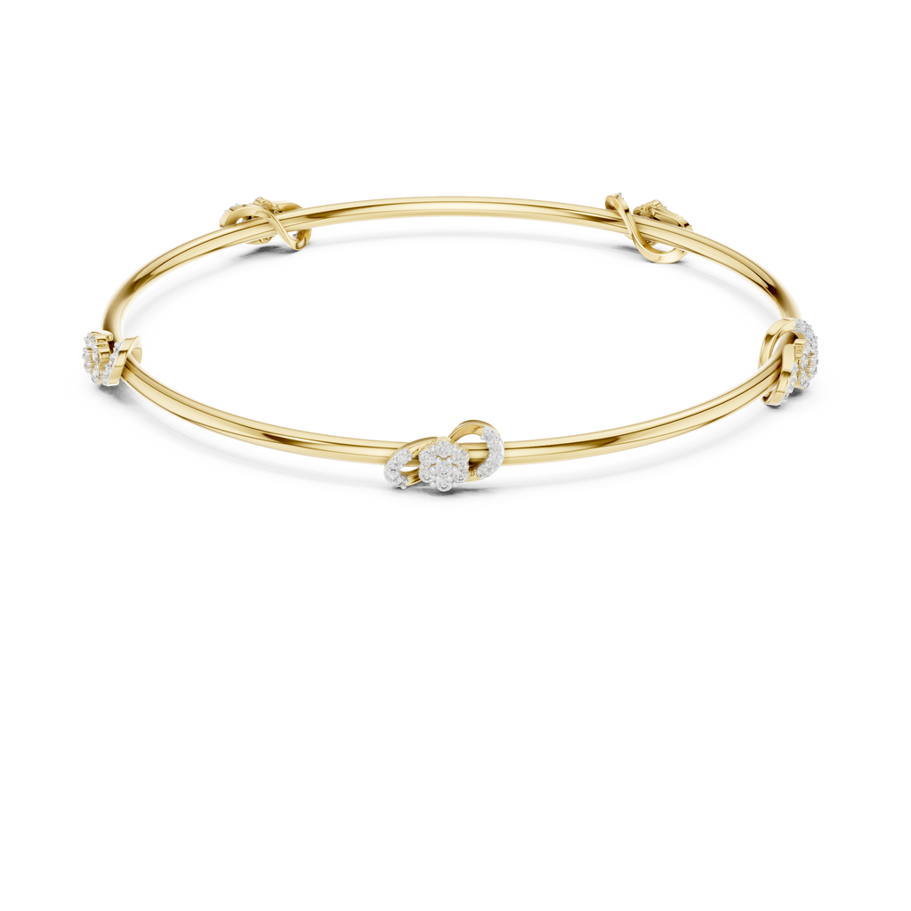 Yellow gold diamond bangle with round center stone and side diamond clusters