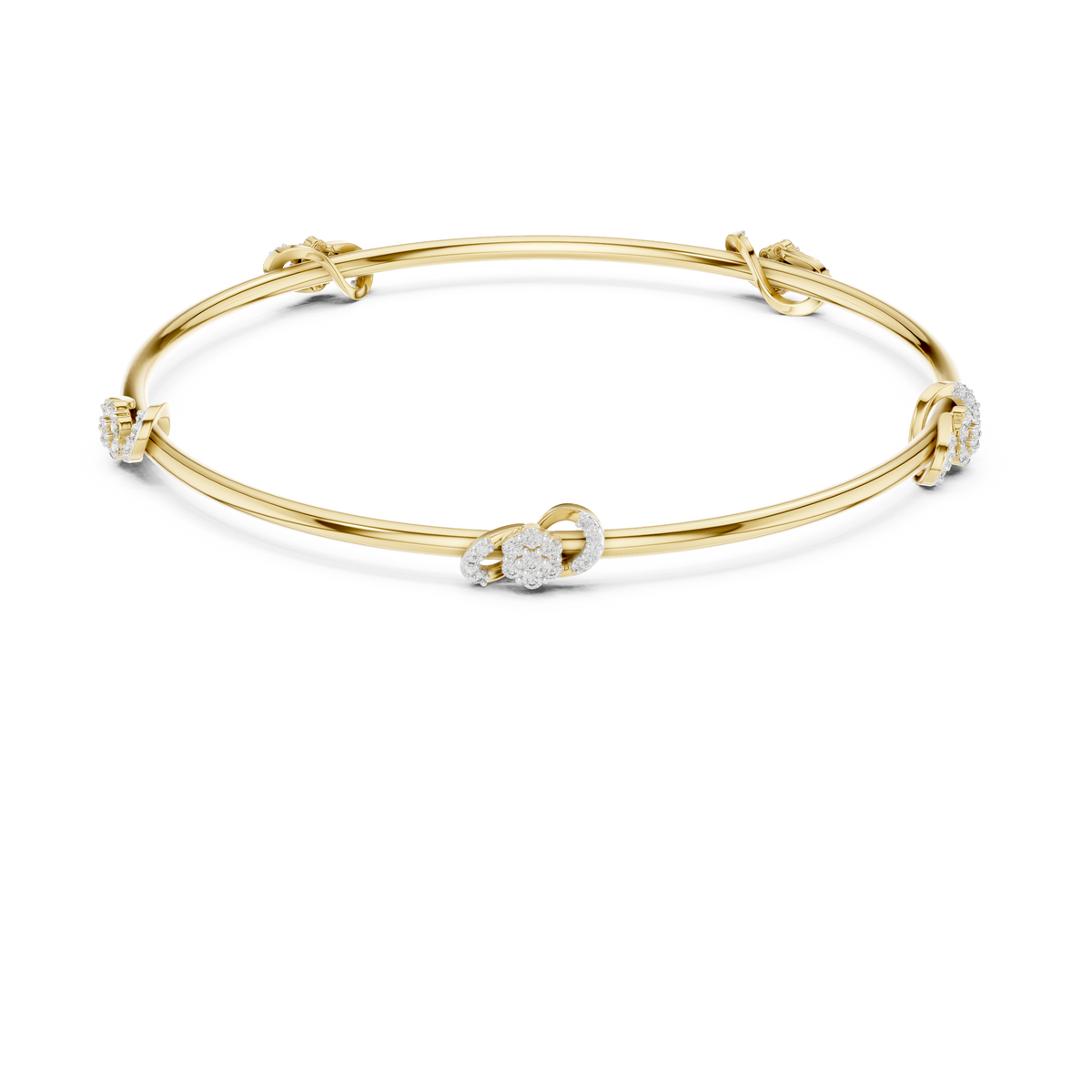 Yellow gold diamond bangle with round center stone and side diamond clusters