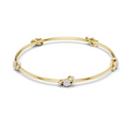 Yellow gold diamond bangle with round center stone and linked diamond accents