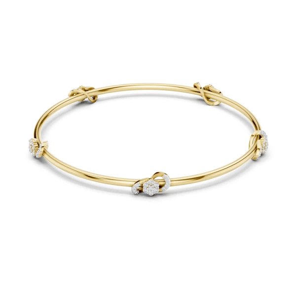 Yellow gold diamond bangle with round center stone and linked diamond accents