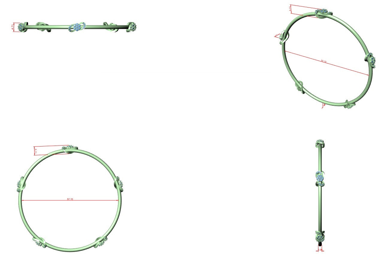 Diamond bangle with prong-set round stones, shown from side on a flat lay