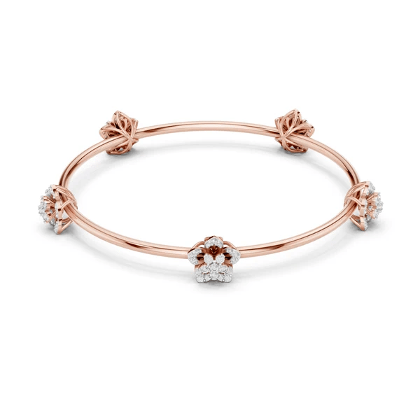 Rose gold floral diamond bangle with central flower and round prong-set side stones
