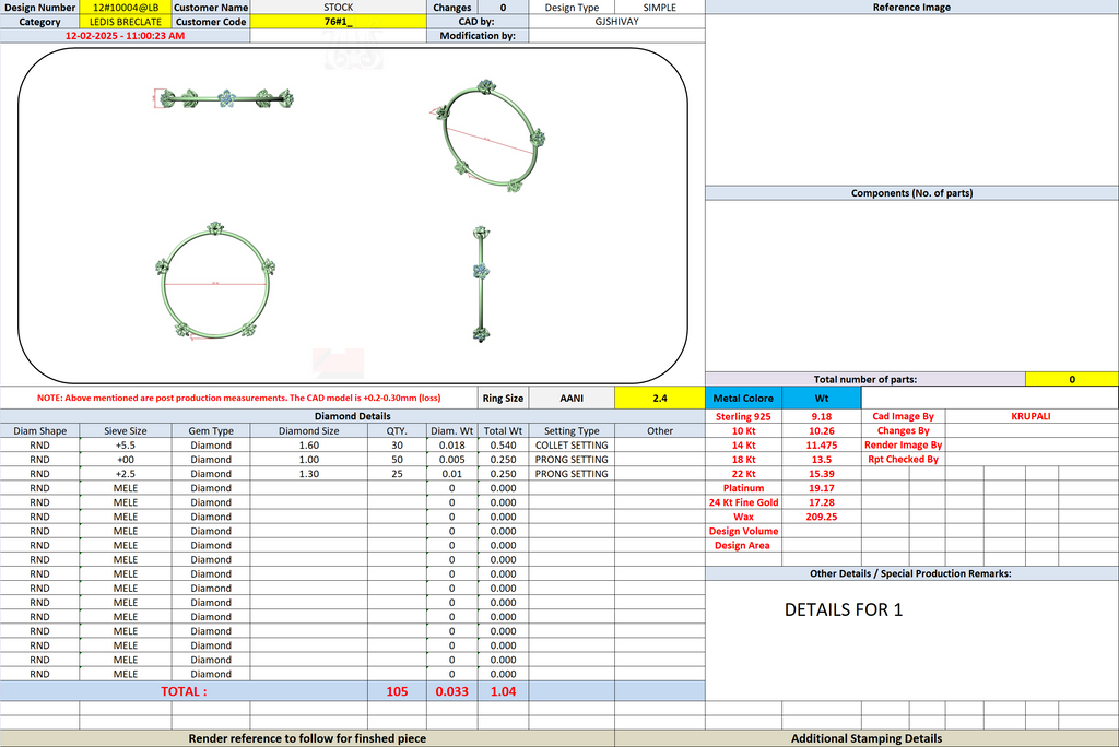 Diamond bangle bracelet shown in CAD wireframe with flower-shaped settings