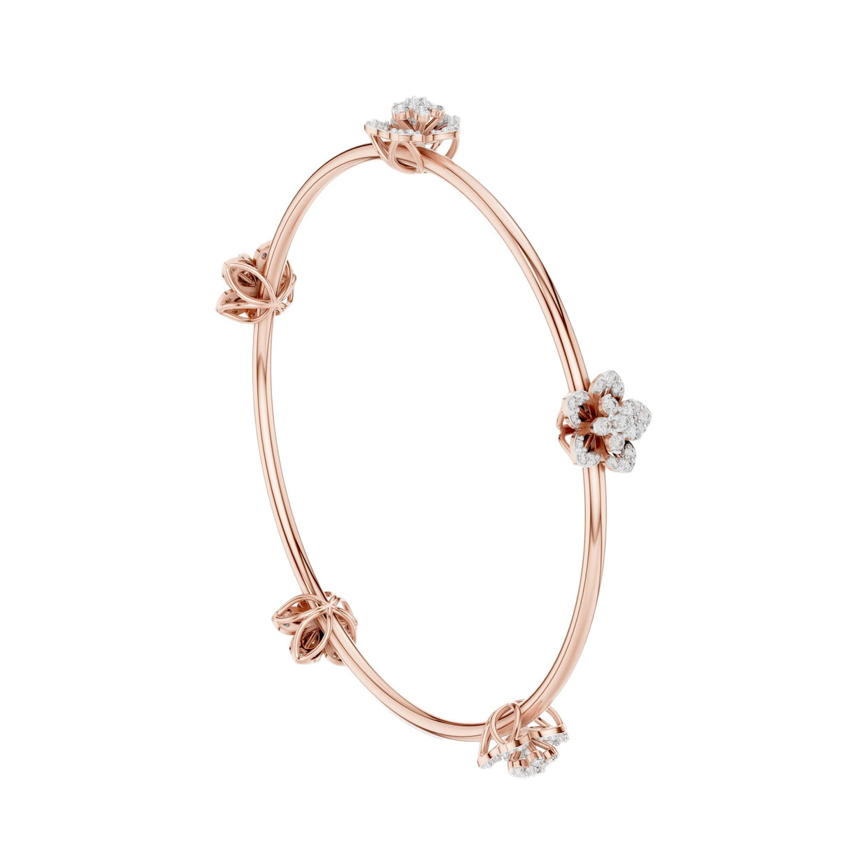 Rose gold diamond floral bangle with round flower clusters at the band joints