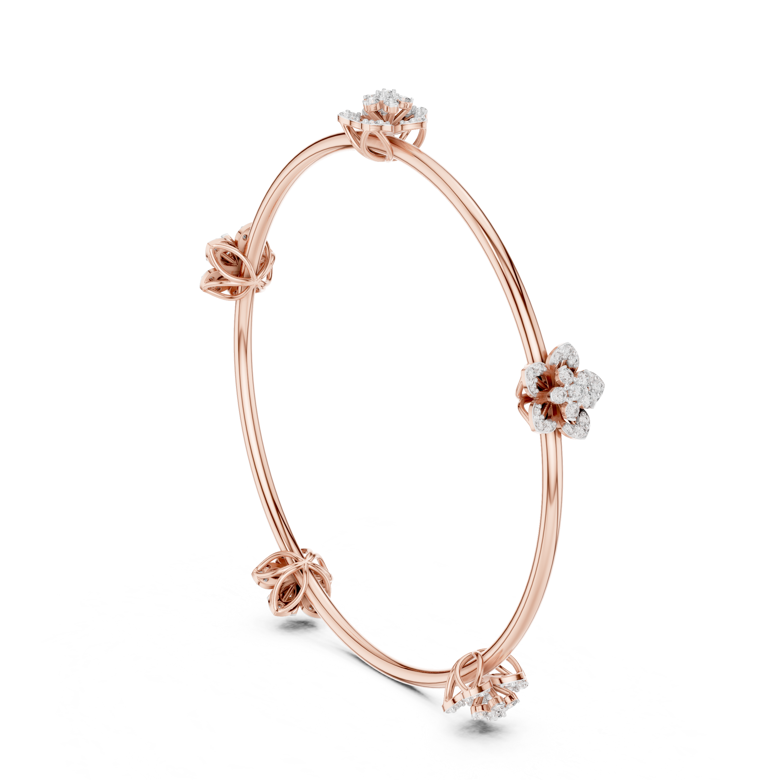 Rose gold diamond floral bangle with round flower clusters at the band joints
