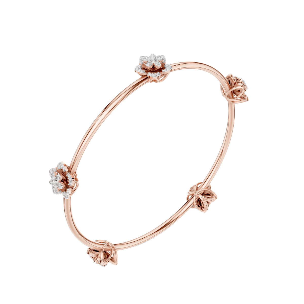Rose gold diamond floral bangle with four round flower clusters along the curve