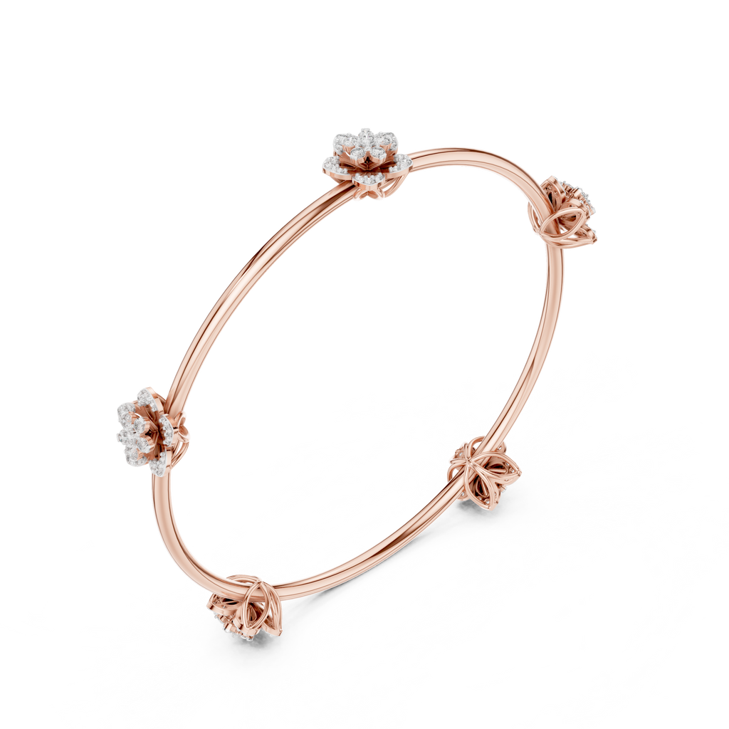 Rose gold diamond floral bangle with four round flower clusters along the curve