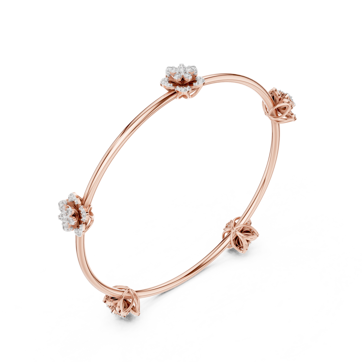 Rose gold diamond floral bangle with four round flower clusters along the curve